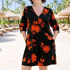 Resortwear Botanical Navy Orange Floral Dress Pockets Tropical Euro Summer Sz 12